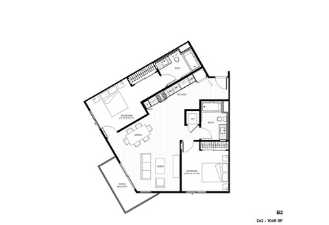 Floor plan for 2 beds, 2 baths, 1049 sqft